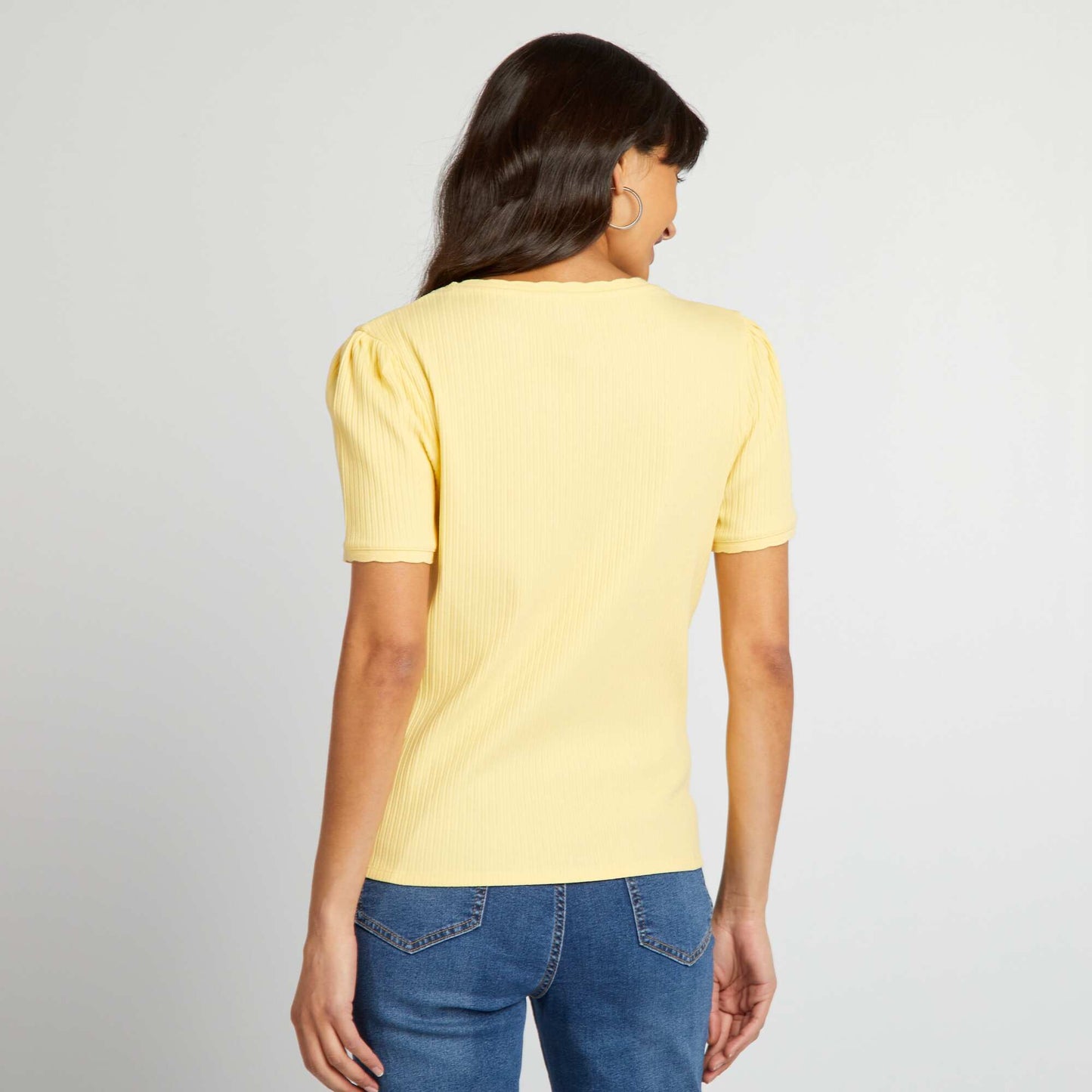 T-shirt côtelé à col plongeant Jaune pâle