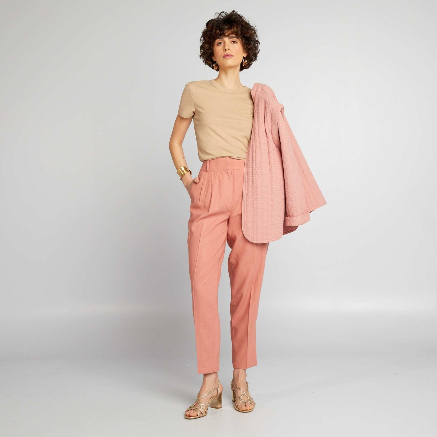 Pantalon cigarette en lin Vieux rose