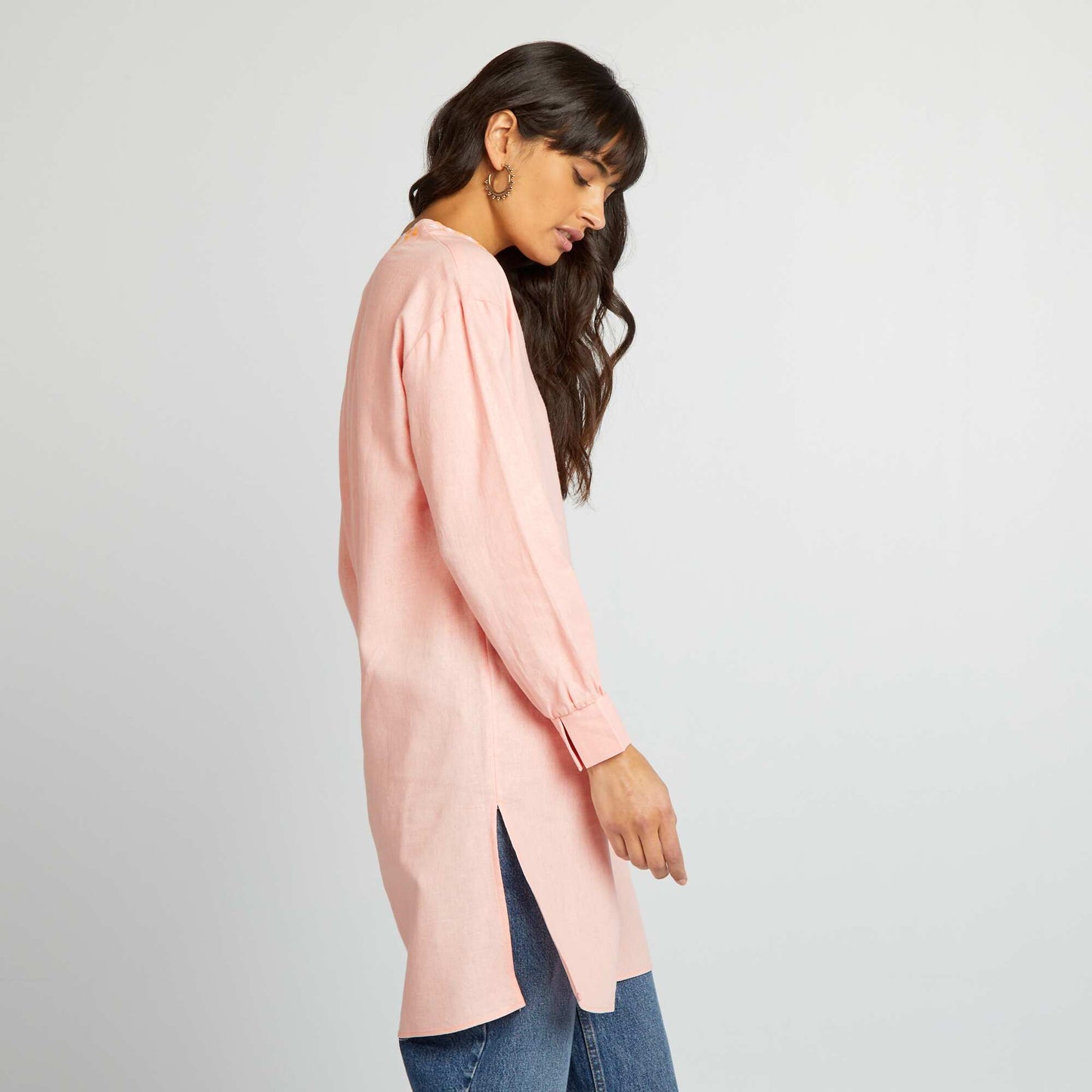 Blouse longue en lin avec col tunisien Rose