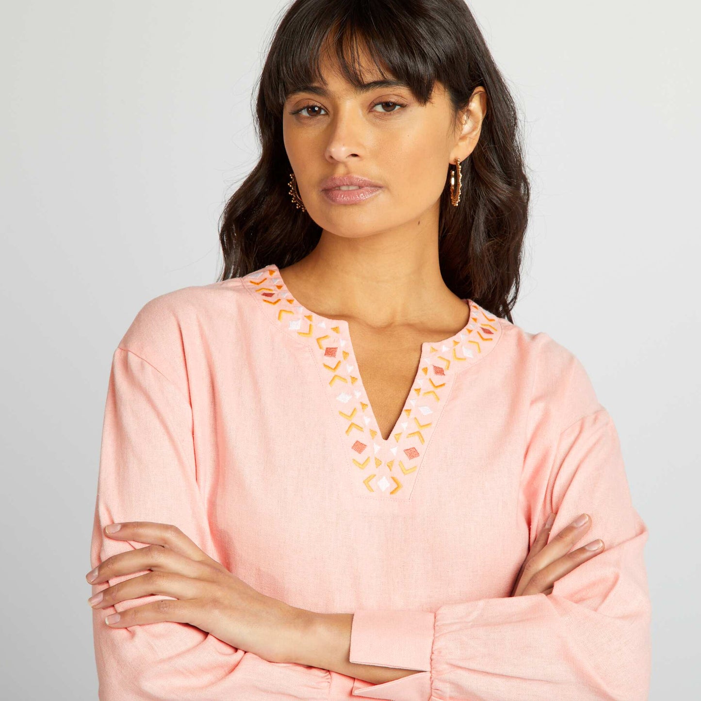 Blouse longue en lin avec col tunisien Rose