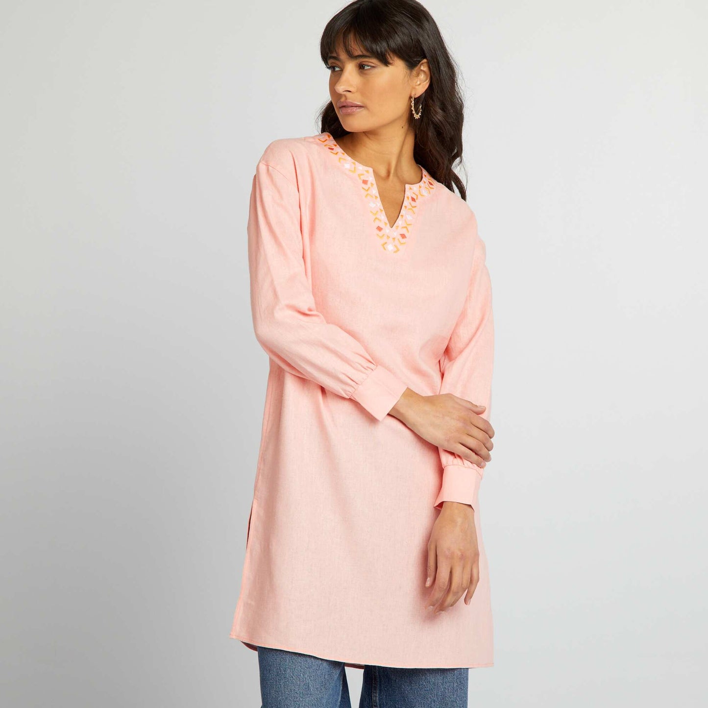 Blouse longue en lin avec col tunisien Rose