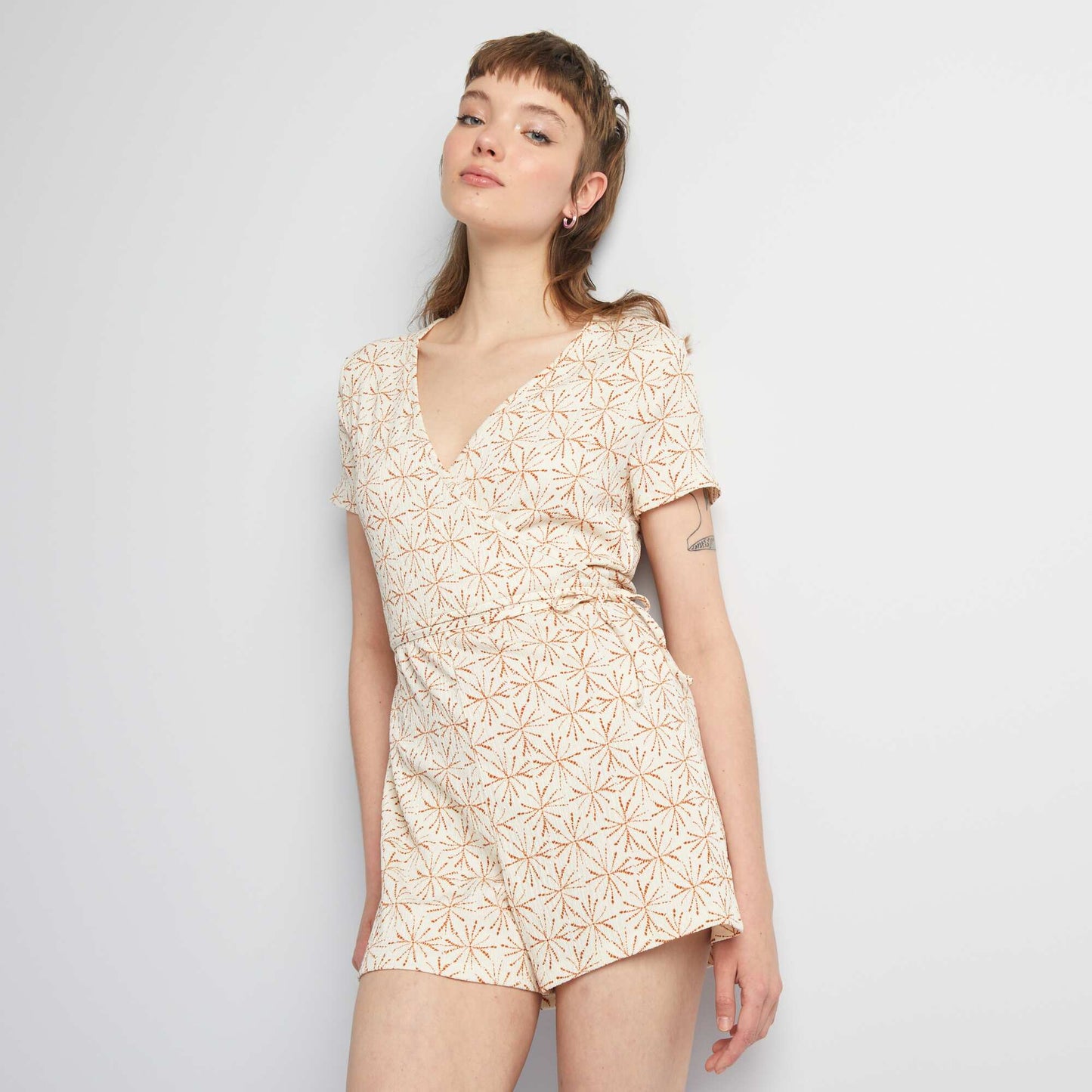 Combishort imprimé col cache-coeur Beige