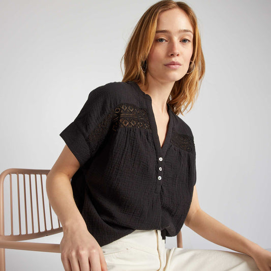 Blouse à manches courtes en gaze de coton noir