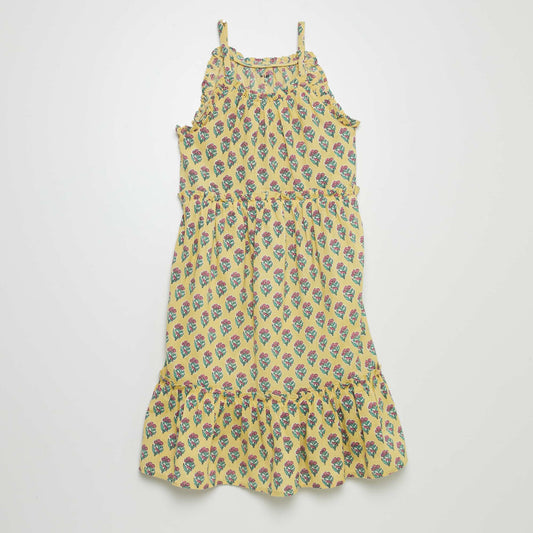 Robe corolle à motif avec base volantées Jaune