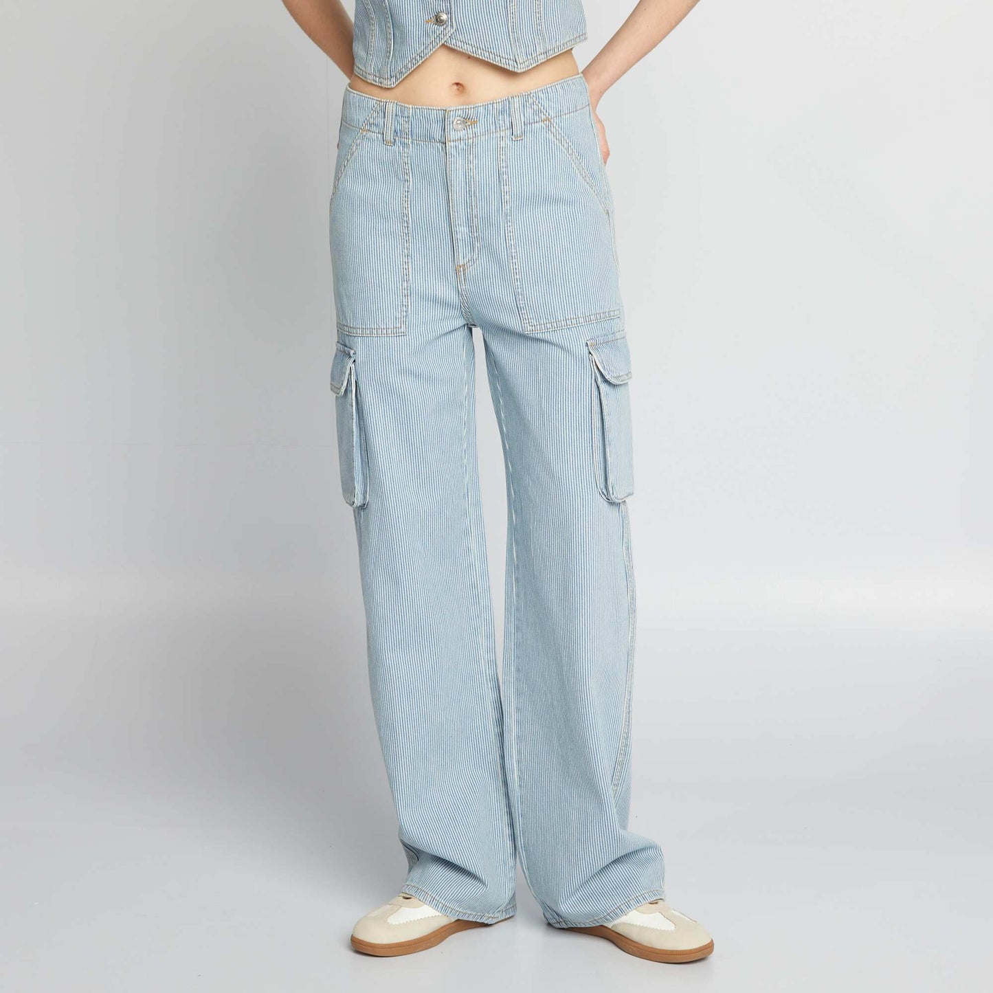 Pantalon wide leg denim à rayures Bleu