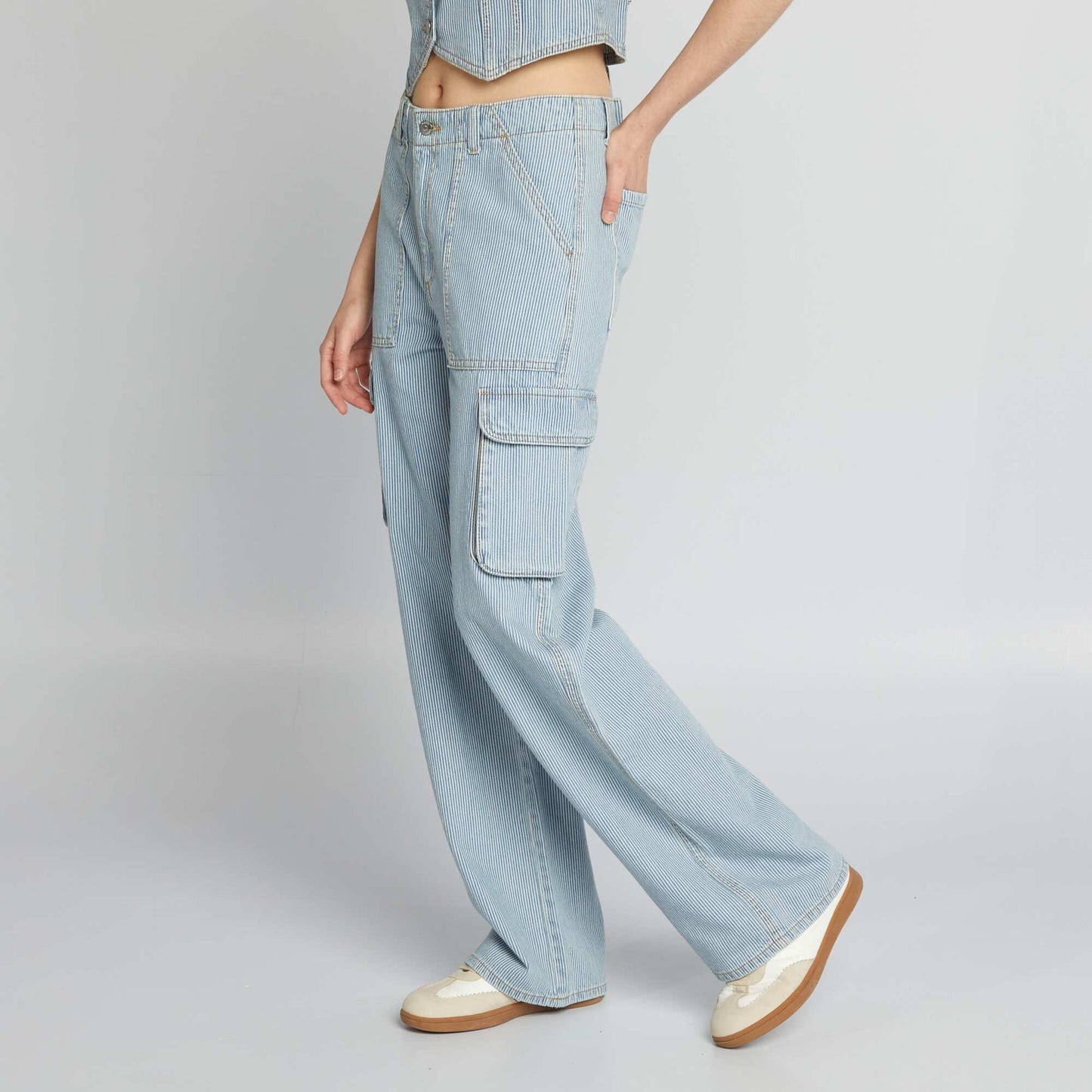 Pantalon wide leg denim à rayures Bleu