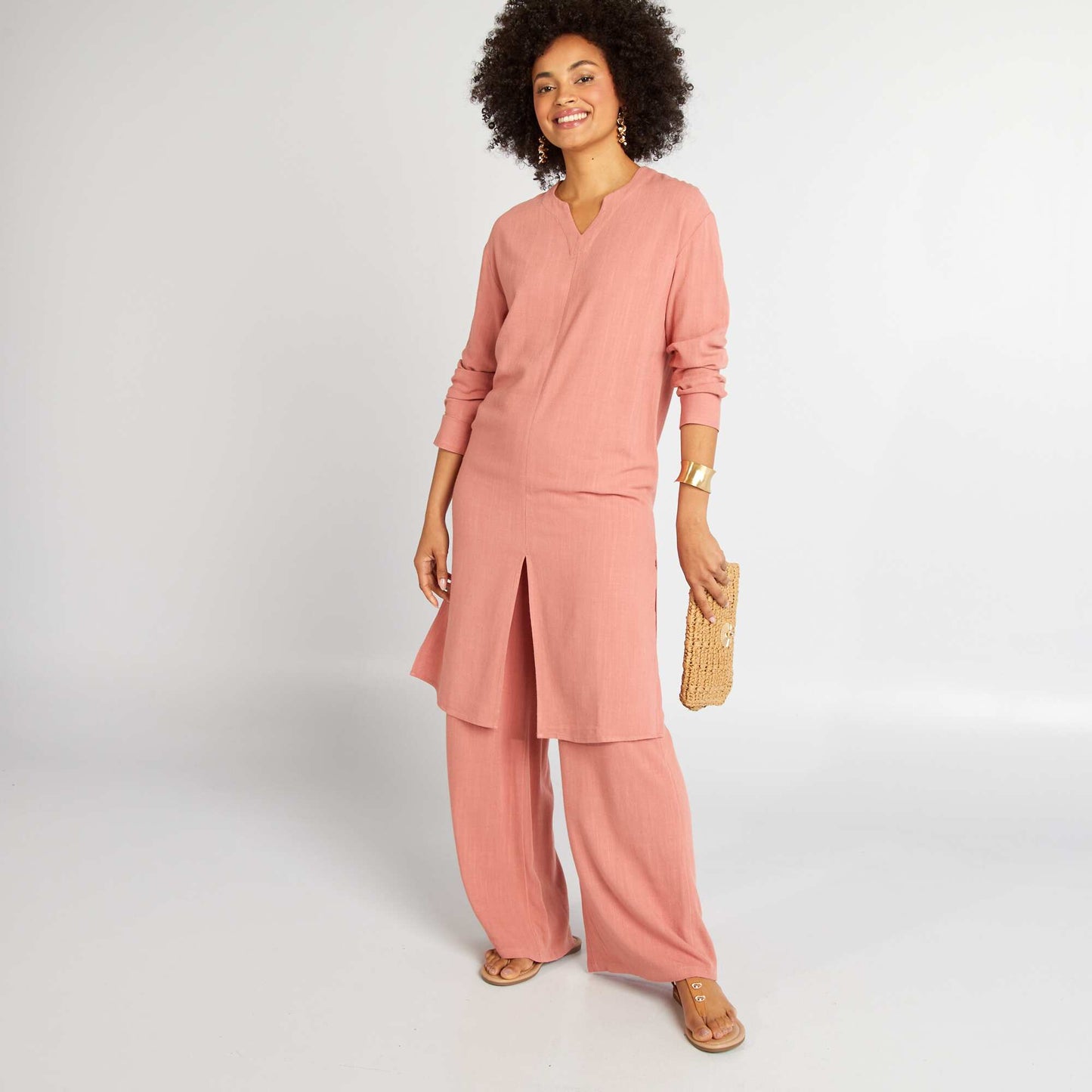 Pantalon large en lin mélangé Rose