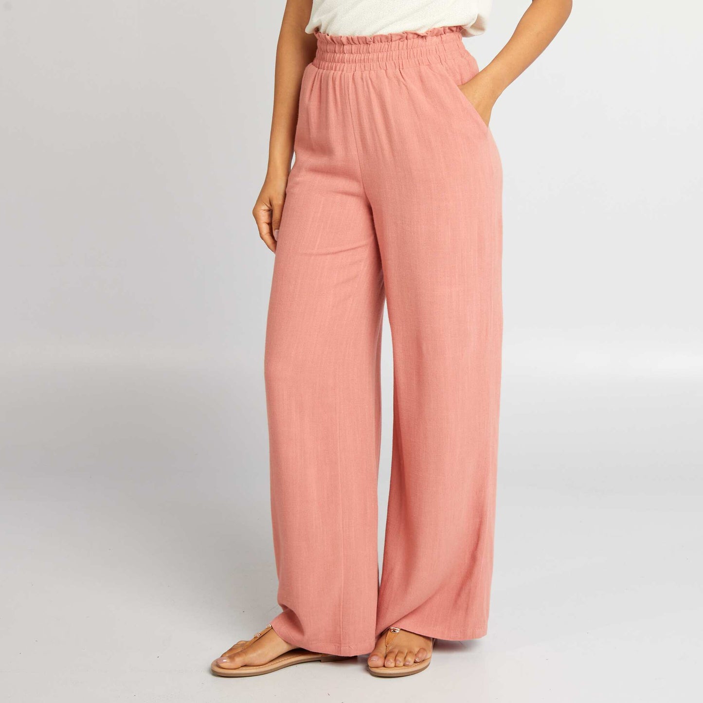 Pantalon large en lin mélangé Rose