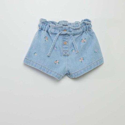 Short en jean avec fleurs brodées Bleu