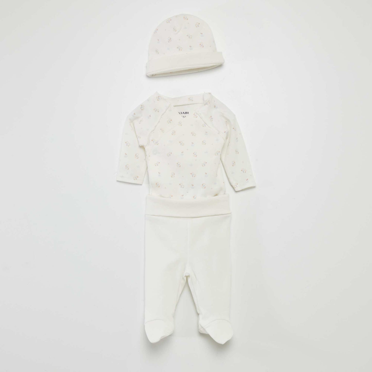 Ensemble body + pantalon avec pieds + bonnet Blanc 'poussin'