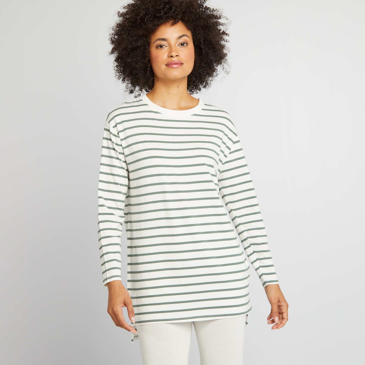 Tee-shirt long fluide Blanc rayé