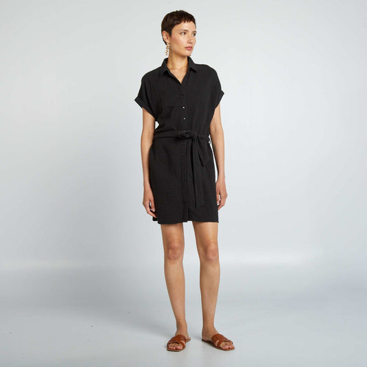 Robe courte forme chemise en double gaze de coton noir