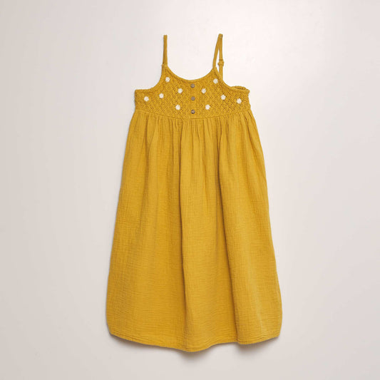 Robe longue en gaze de coton et crochet Jaune