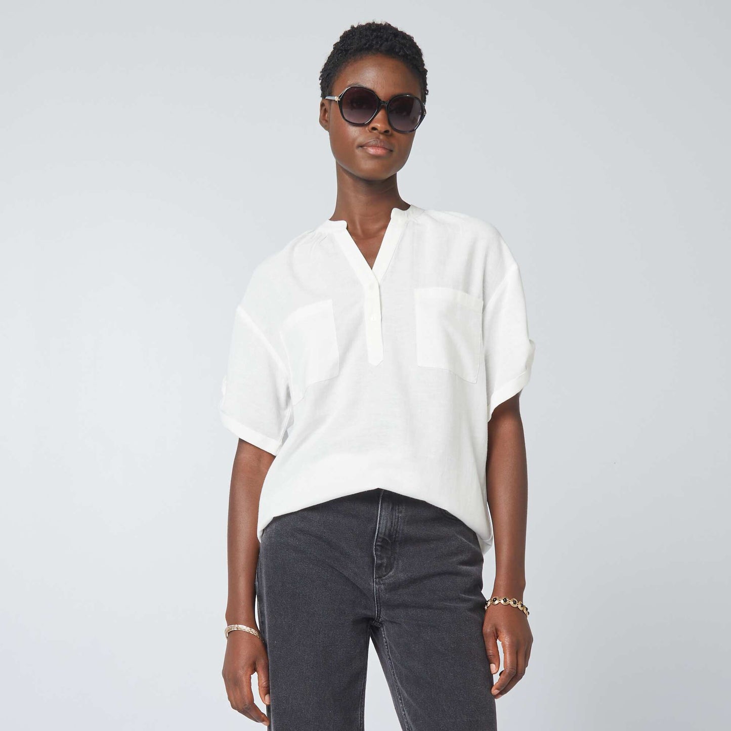 Blouse rayée en lin mélangé blanc