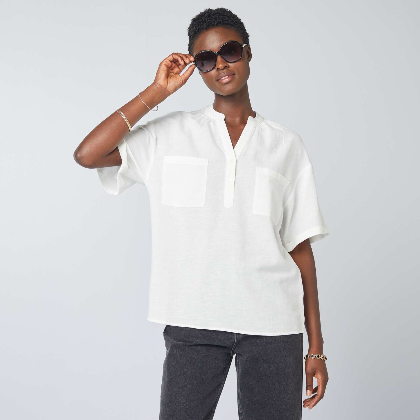 Blouse rayée en lin mélangé blanc