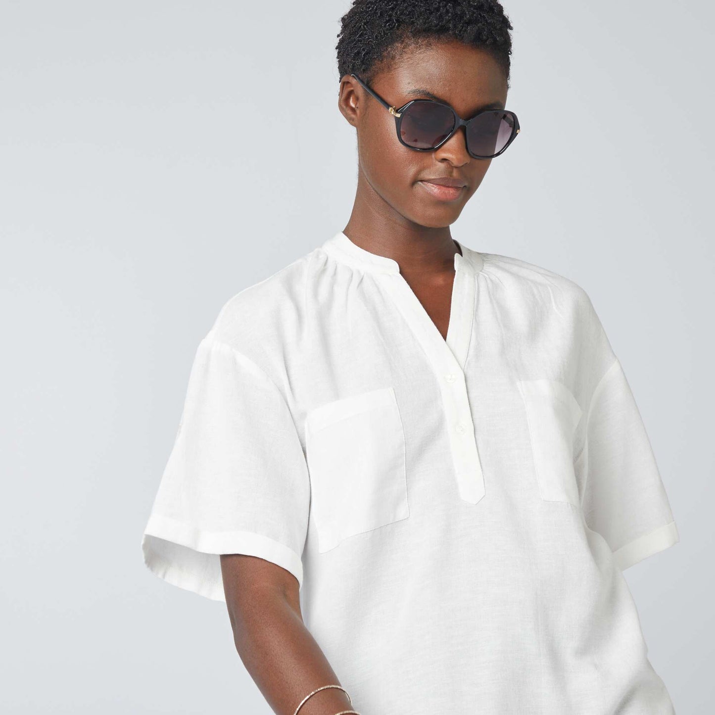 Blouse rayée en lin mélangé blanc