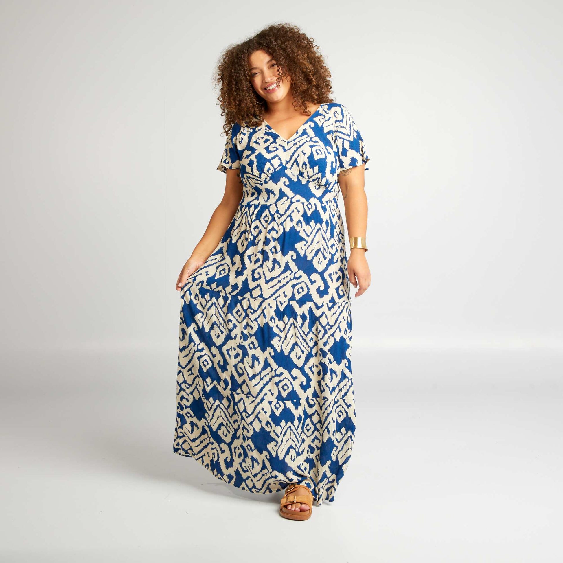 Robe longue à col V Bleu à motifs