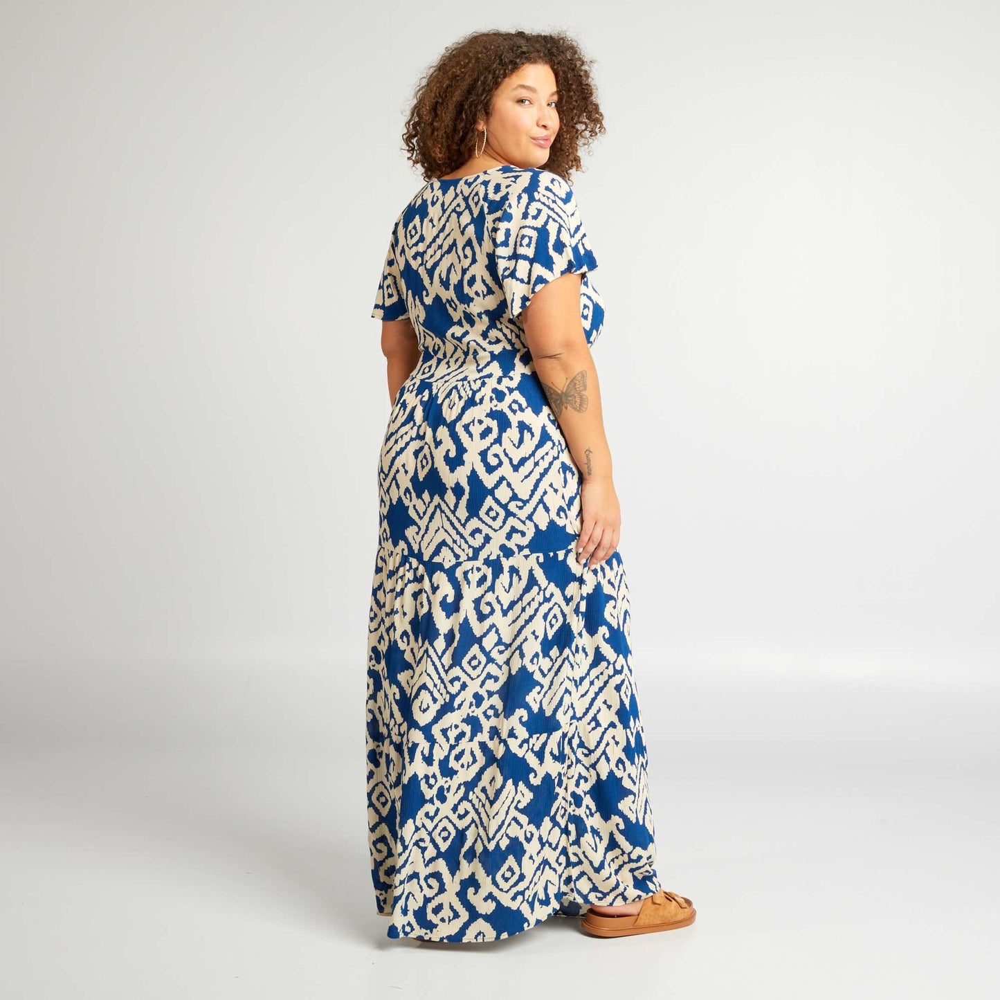 Robe longue à col V Bleu à motifs