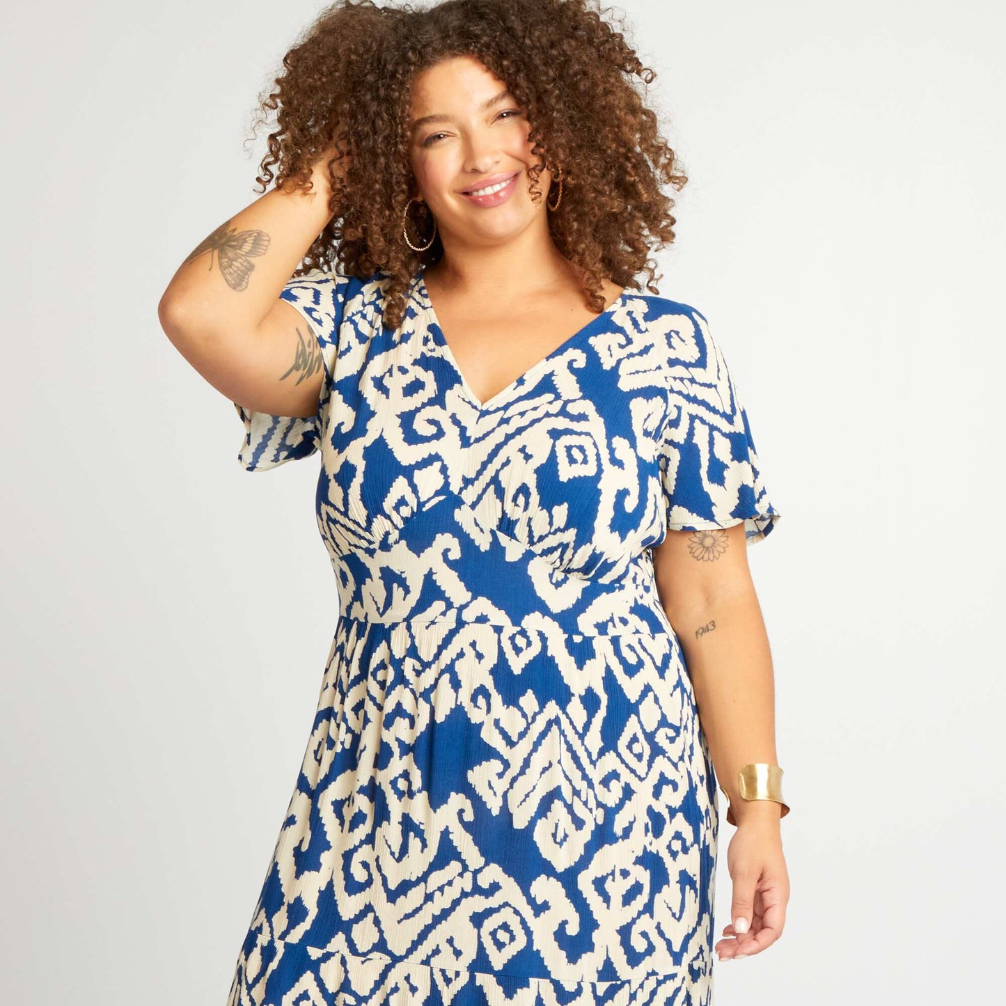 Robe longue à col V Bleu à motifs