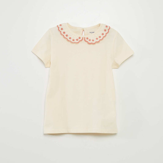 T-shirt en coton à col claudine Beige