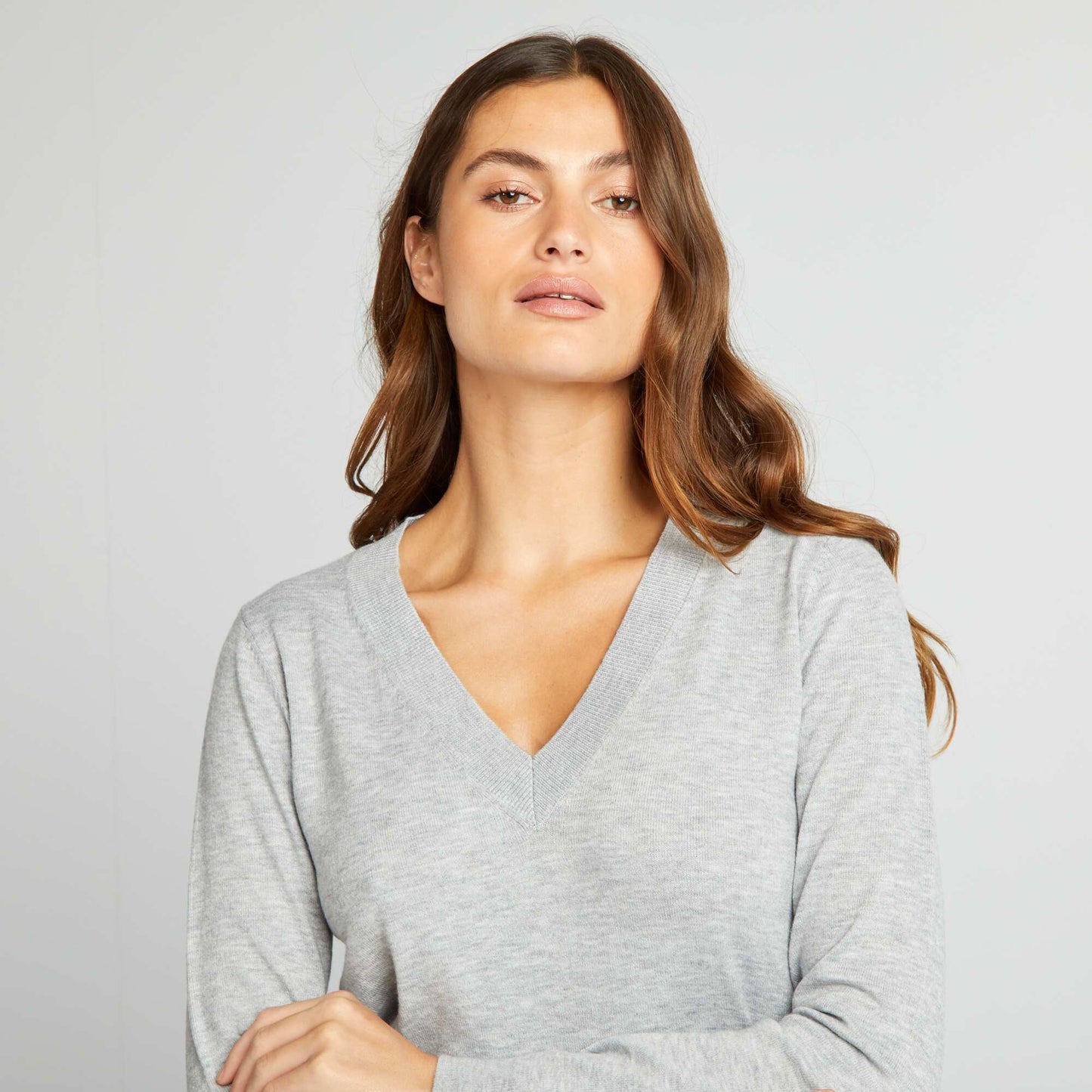 Pull manches longues col V Gris