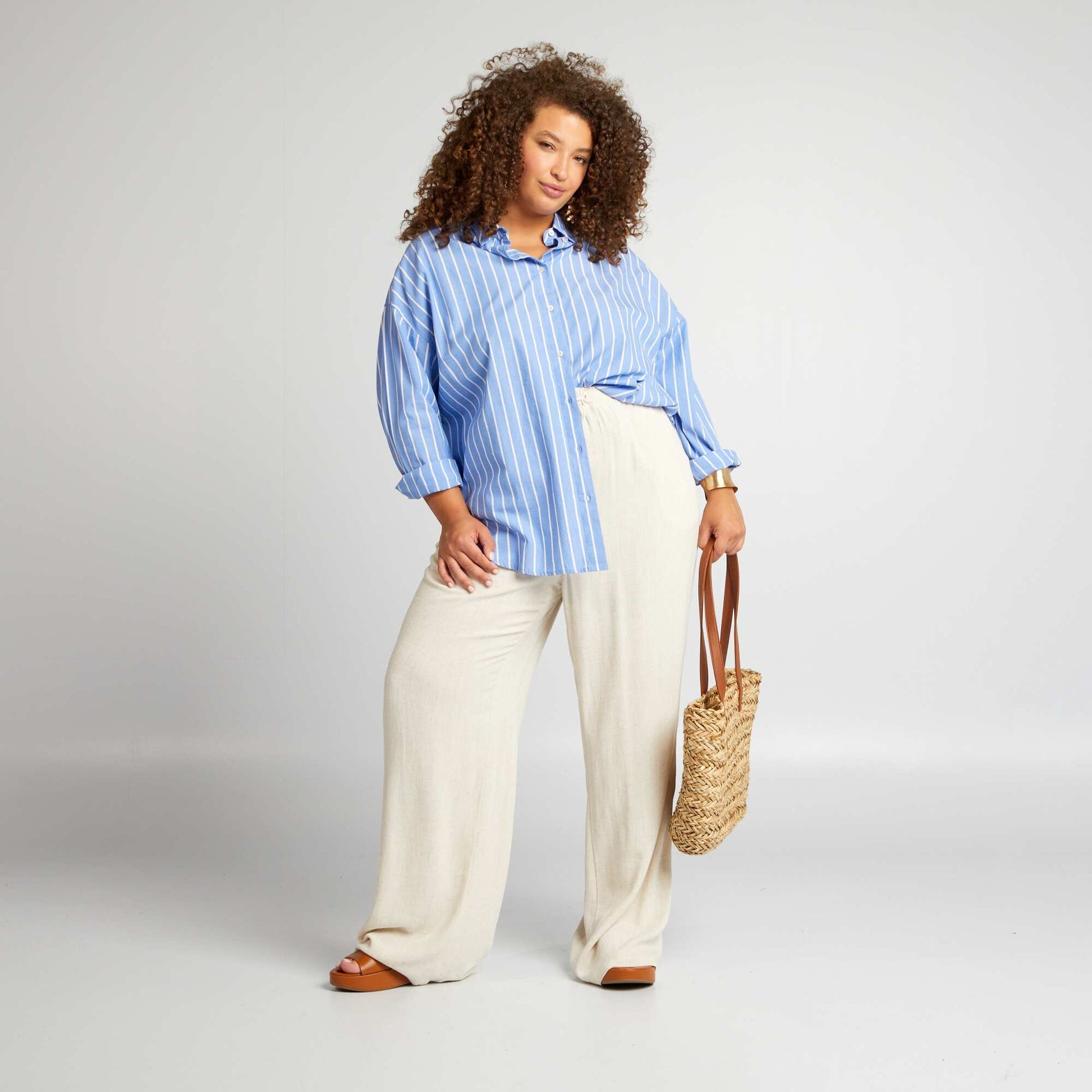 Pantalon large à taille élastiquée Beige
