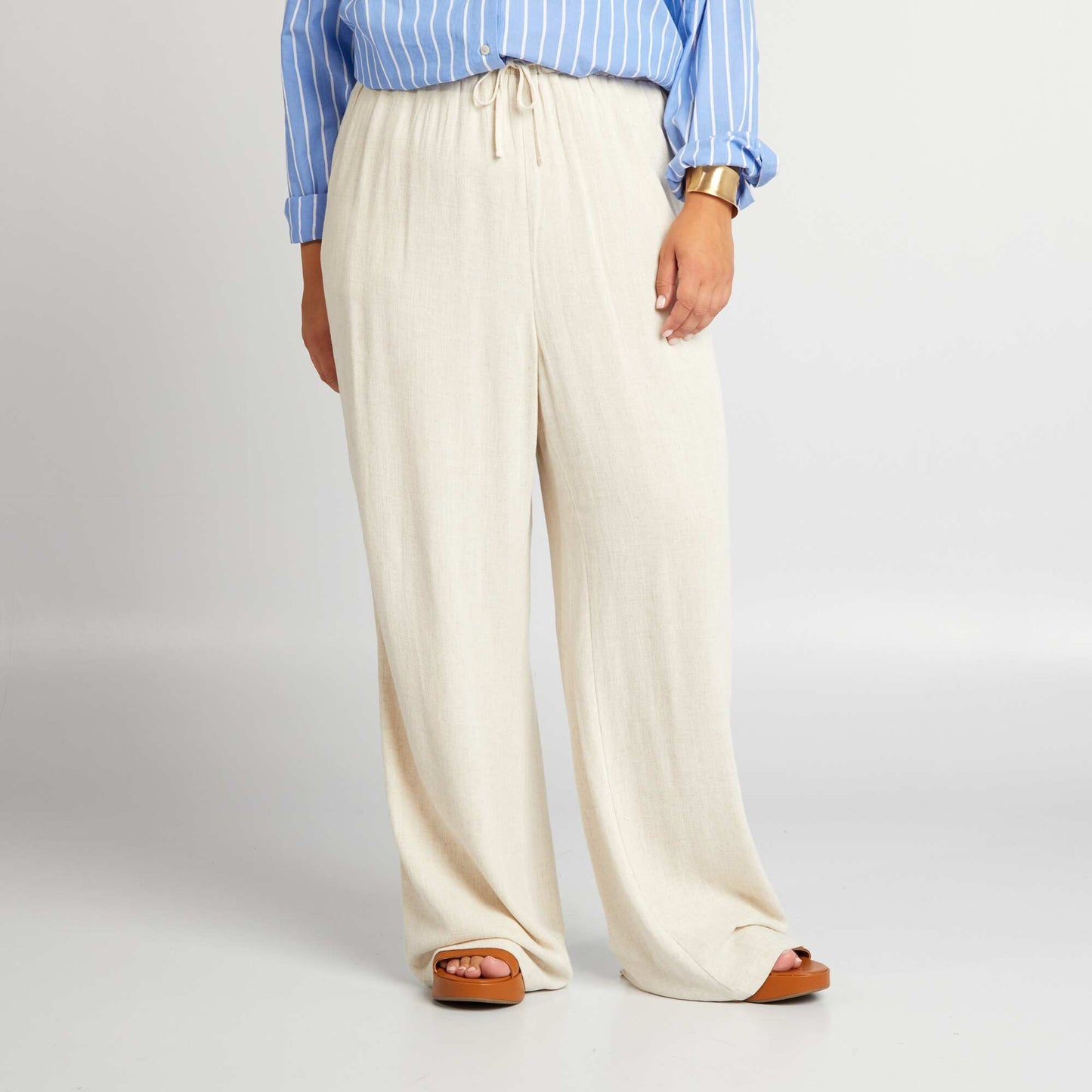 Pantalon large à taille élastiquée Beige