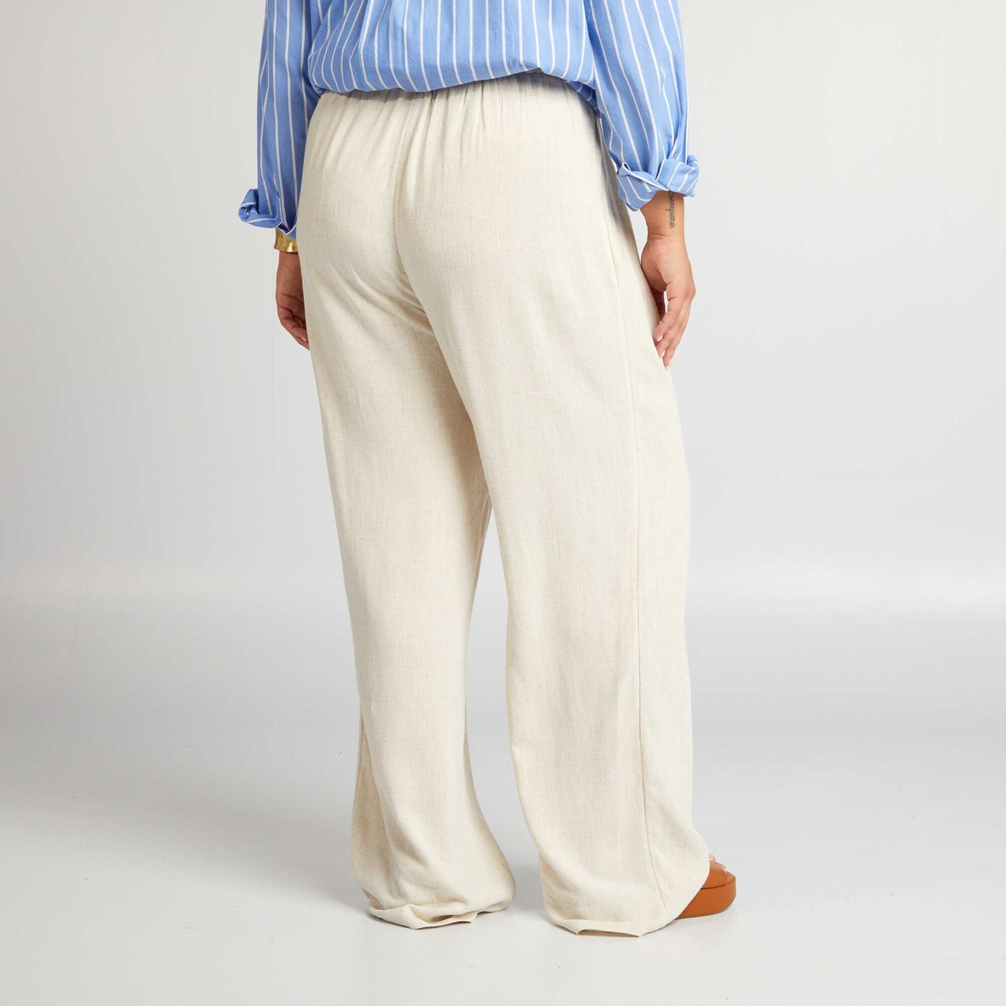 Pantalon large à taille élastiquée Beige