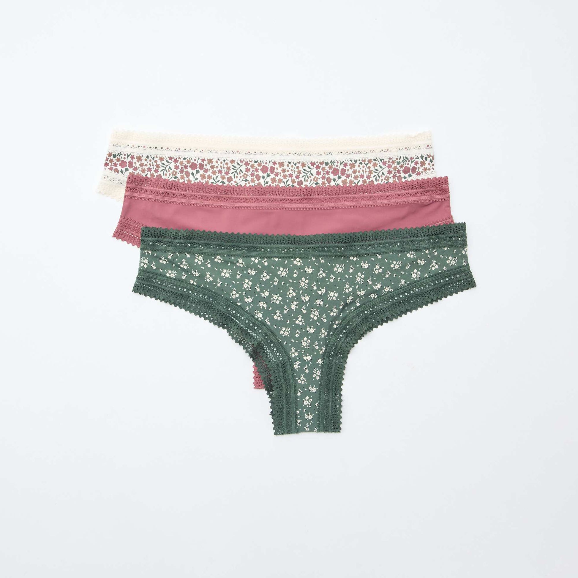 Lot de 3 tangas en microfibre imprimé VERT/BLANC/ROSE