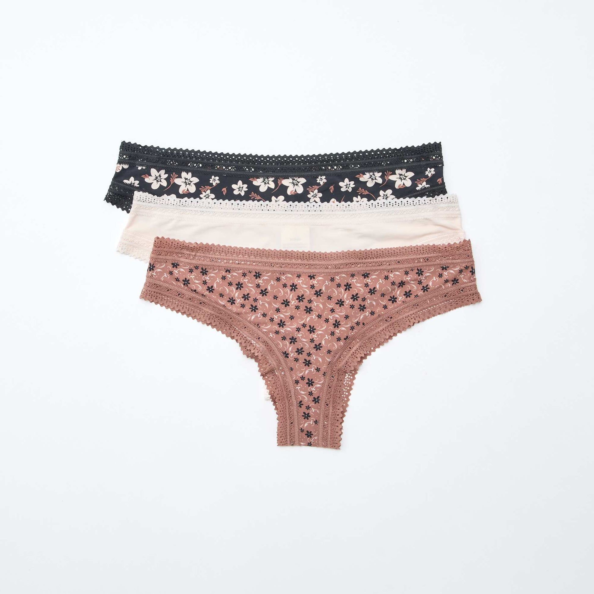 Lot de 3 tangas en microfibre imprimé NOIR/ROSE/BEIGE