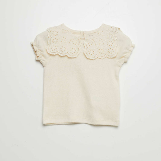 T-shirt en maille pointelle avec col claudine Beige