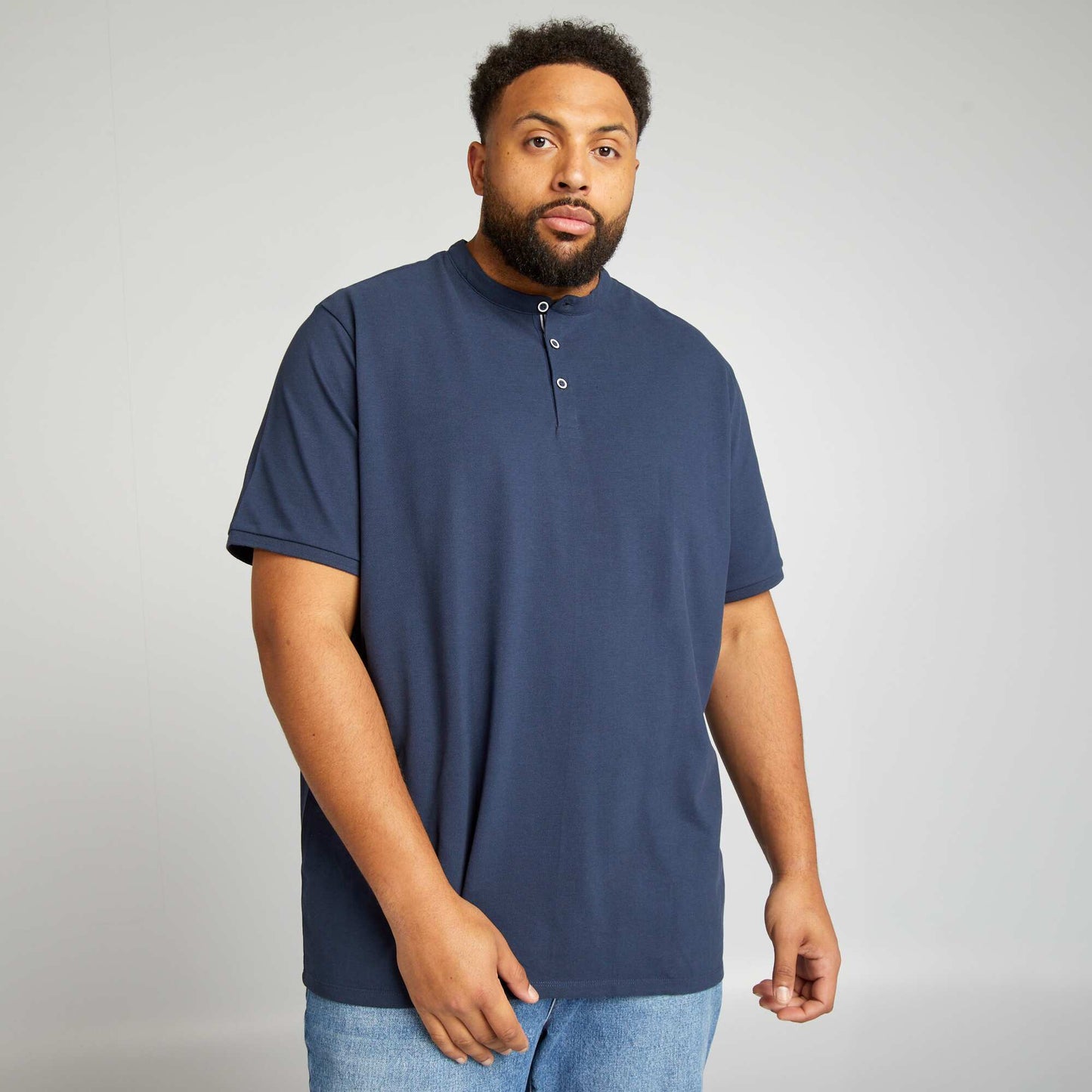 Polo en piqué de coton à col mao Bleu marine