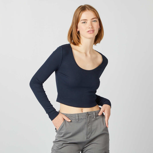 Tee-shirt rib crop top bleu marine