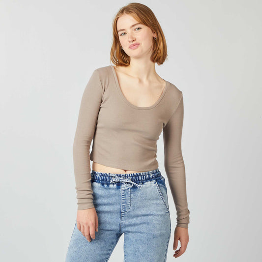 Tee-shirt rib crop top Beige