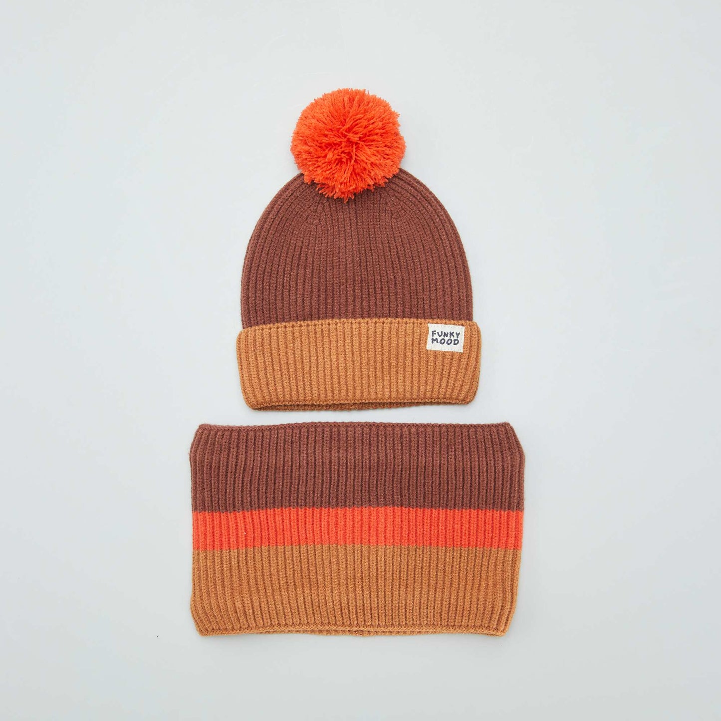 Bonnet + snood tricolores Marron