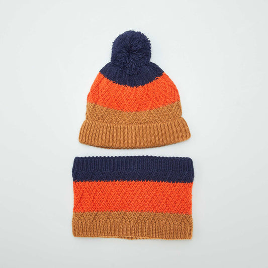 Ensemble bonnet à pompon et snood doublé Marron/orange/marine