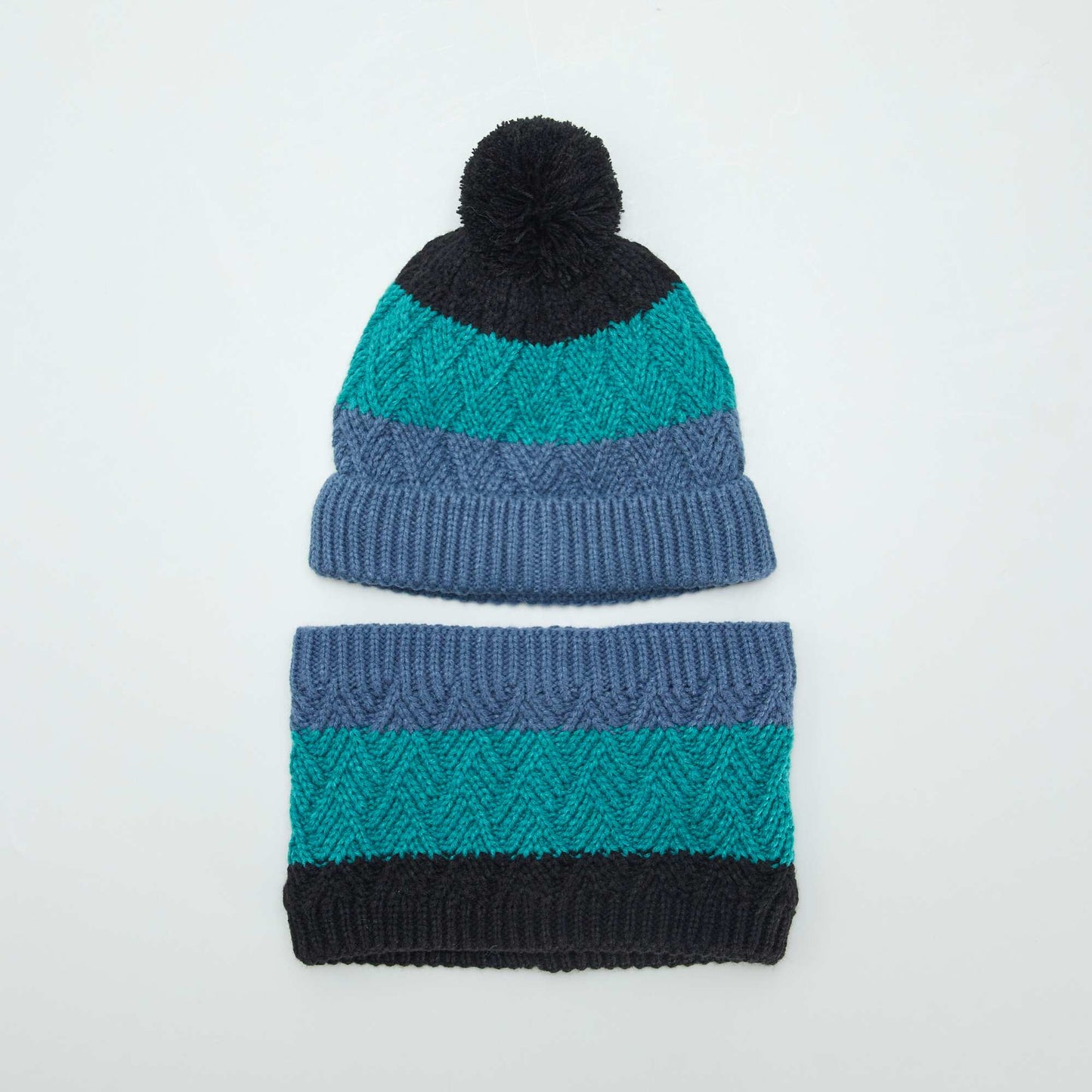 Ensemble bonnet à pompon et snood doublé Noir/bleu/vert