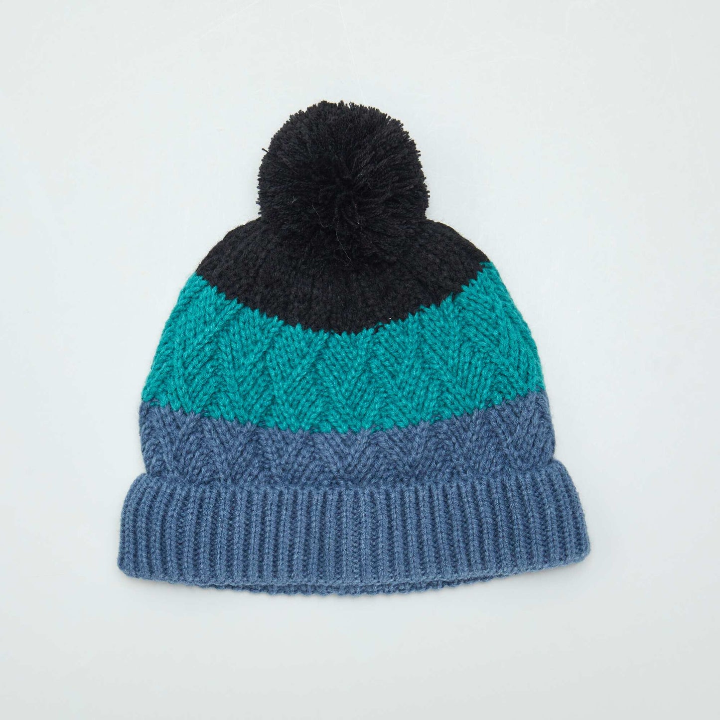 Ensemble bonnet à pompon et snood doublé Noir/bleu/vert