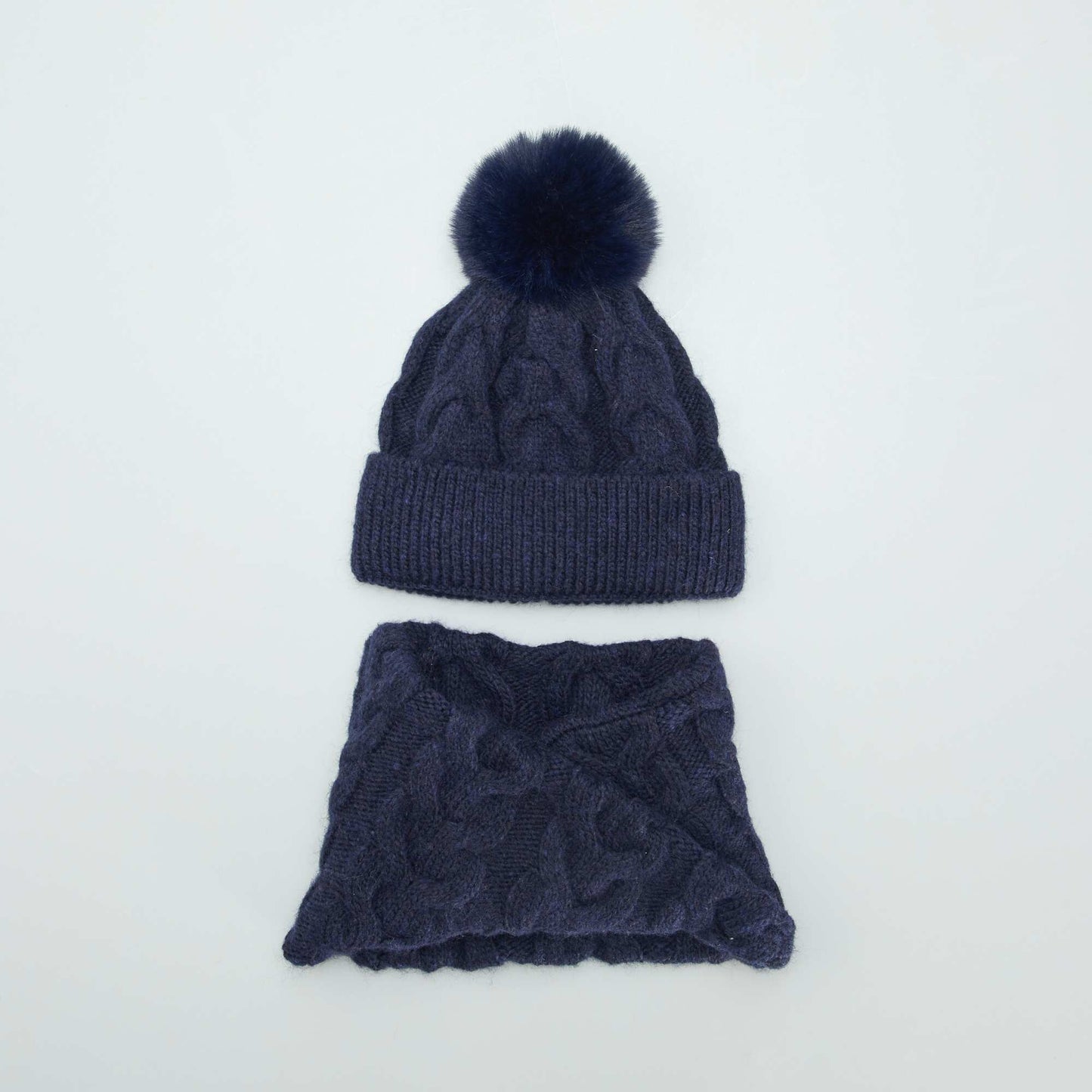 Bonnet + snood en maille tricot Bleu marine