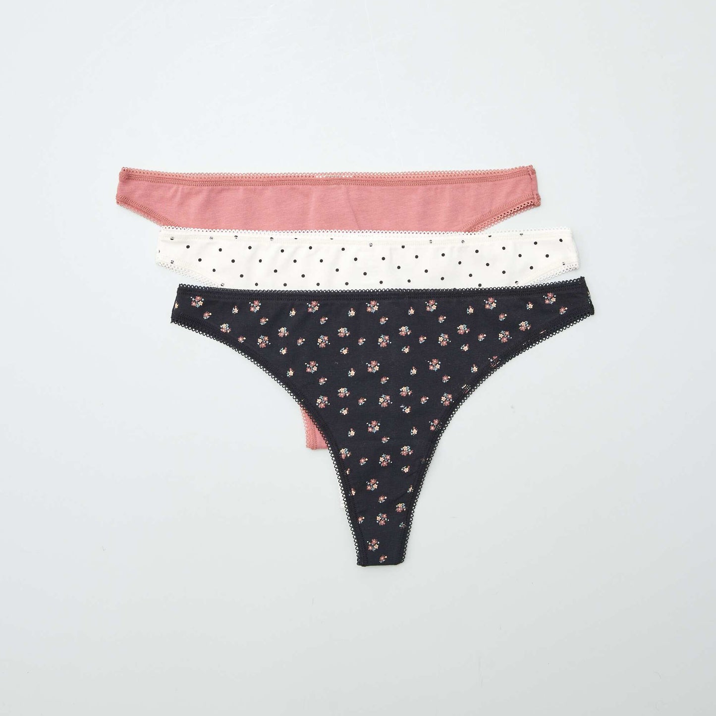 Lot de 3 tangas en coton écru/noir/rose