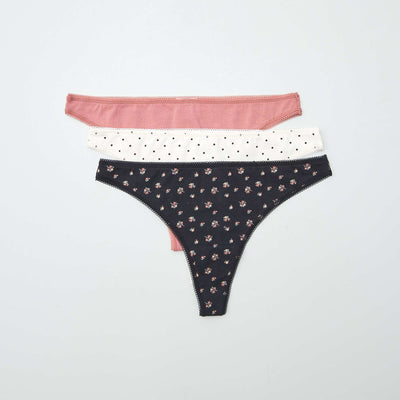 Lot de 3 tangas en coton écru/noir/rose