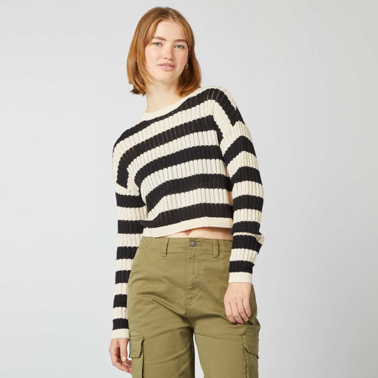 Pull crop top maille ajourée Blanc/noir