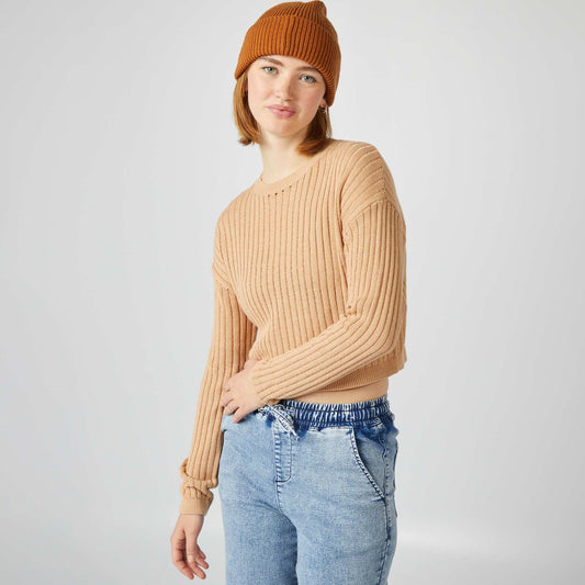 Pull crop top maille ajourée Brun