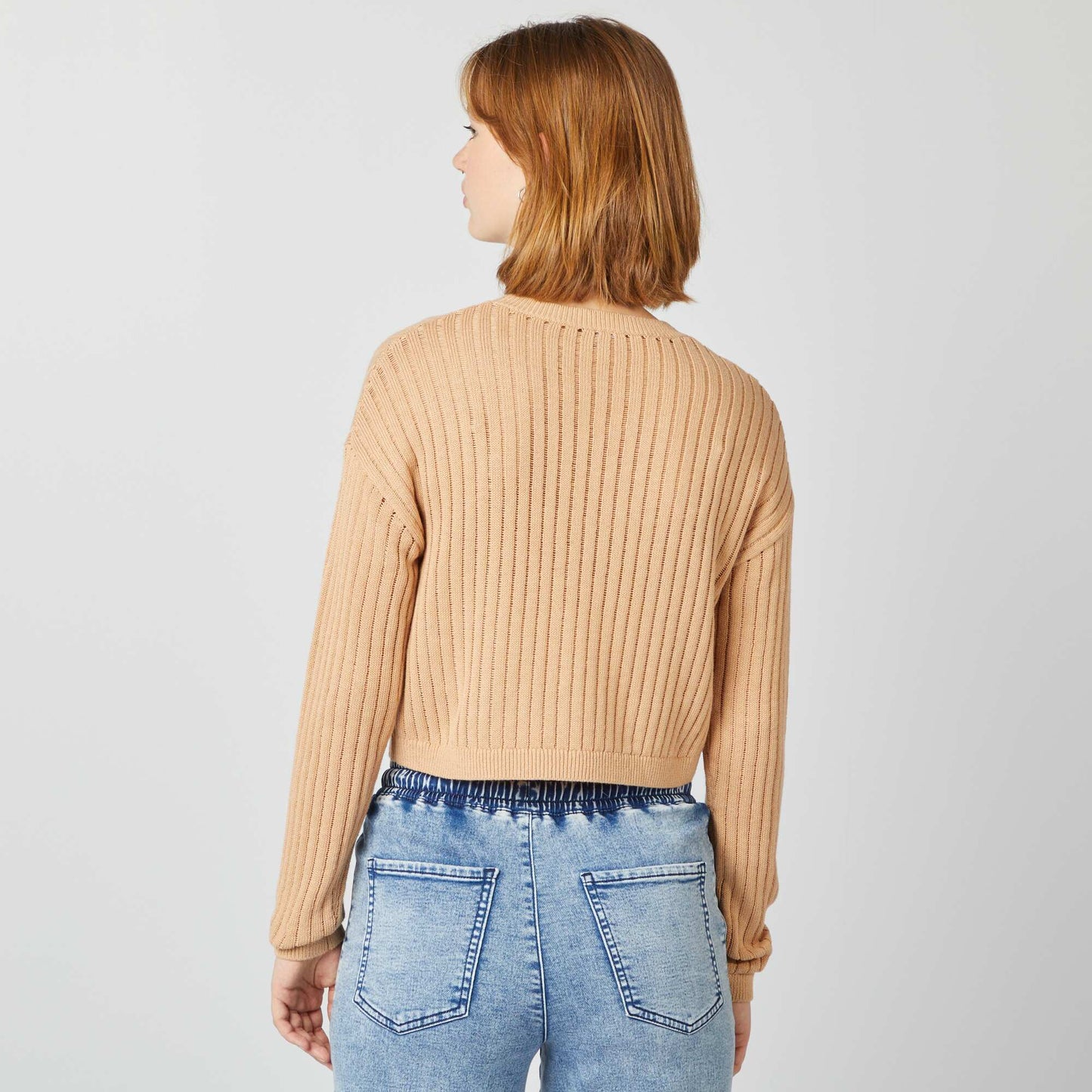 Pull crop top maille ajourée Brun