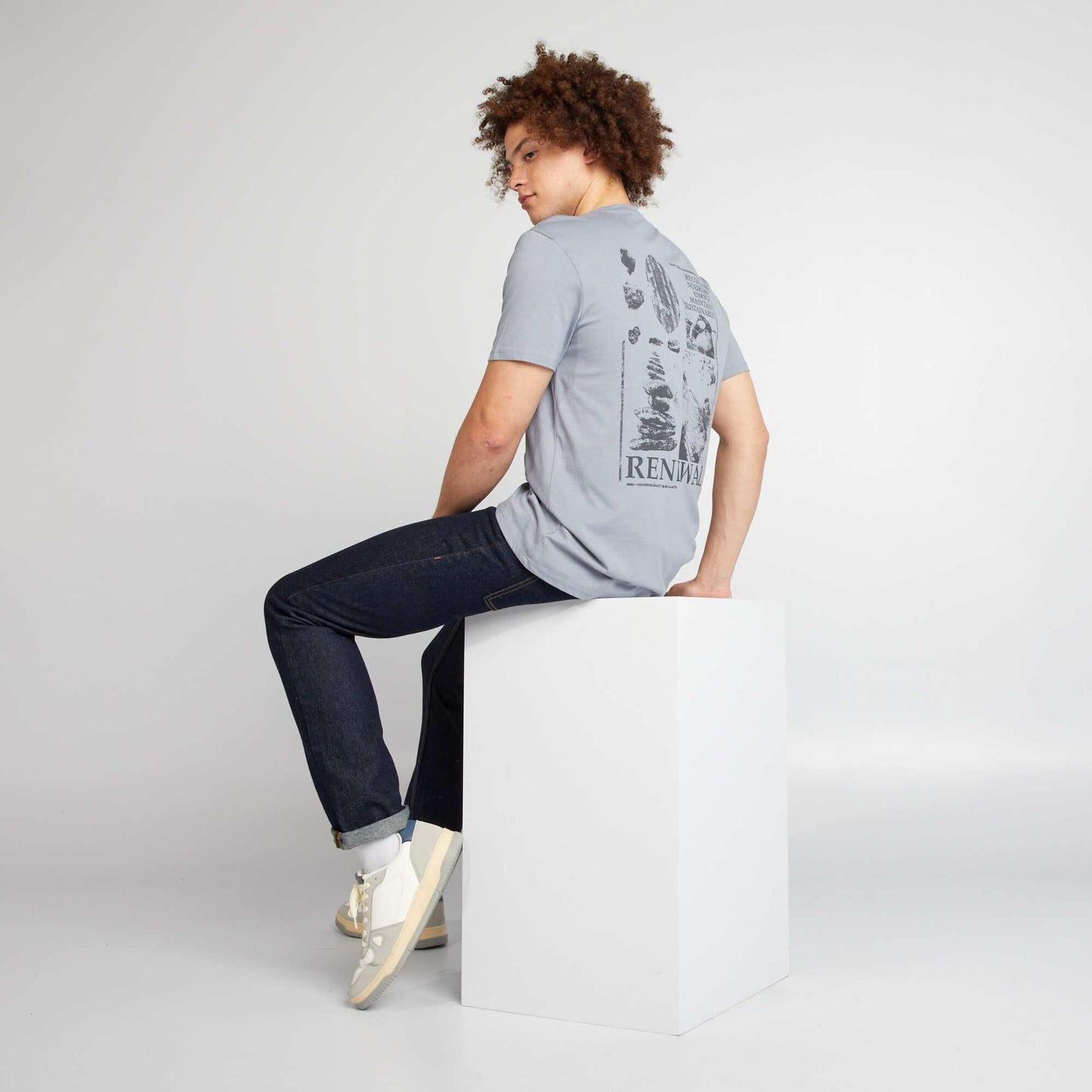 T-shirt en coton à coupe droite avec imprimé Bleu 'Renewal'