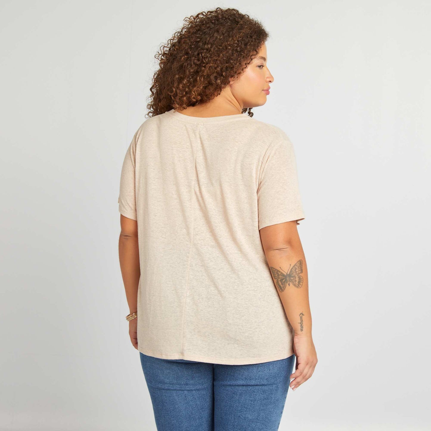 T-shirt col V en lin mélangé Beige