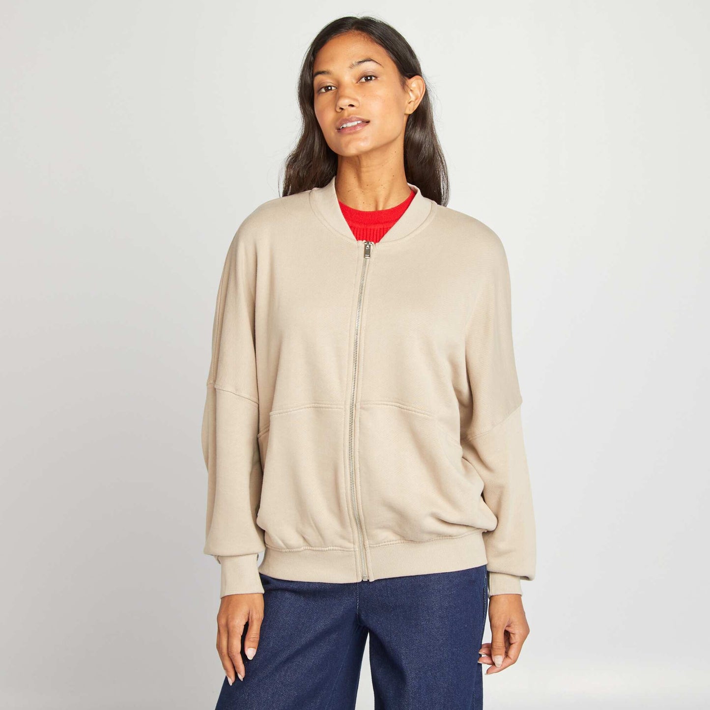 Sweat oversize zippé en molleton beige