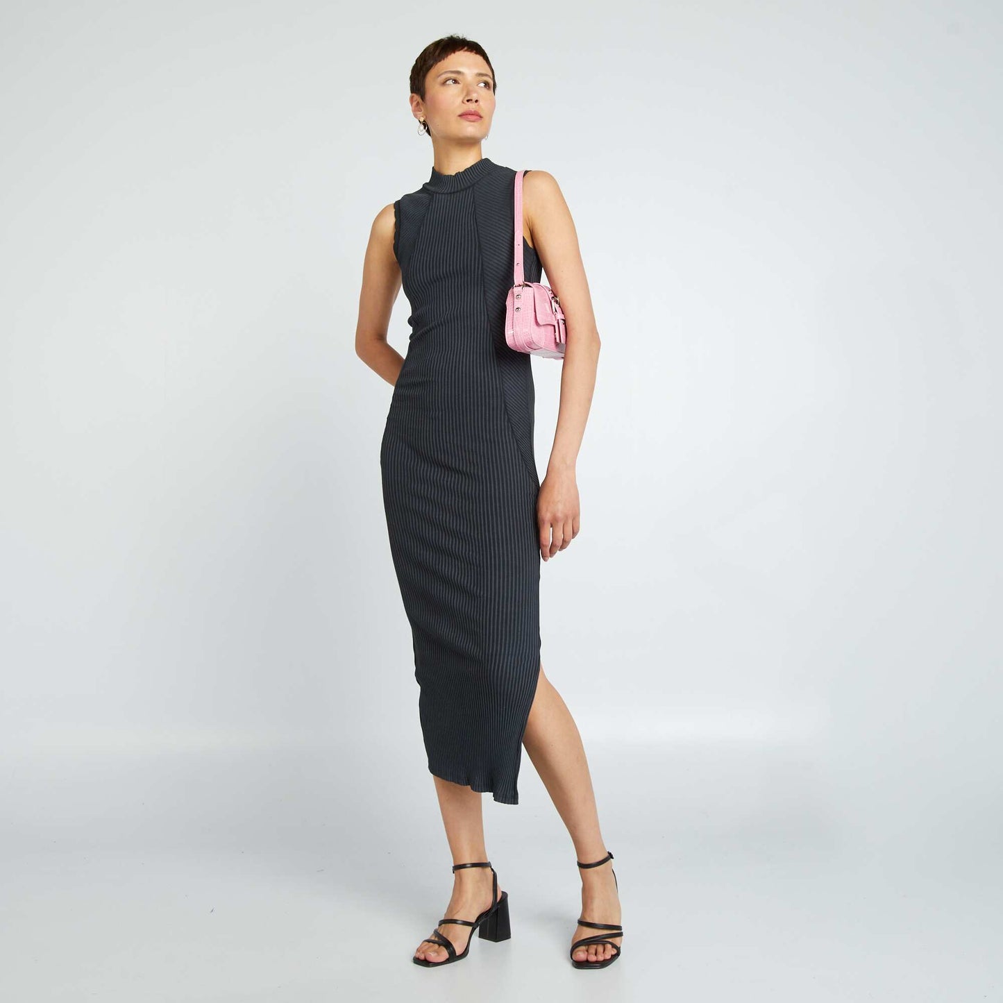 Robe longue côtelé en matière stretch Noir