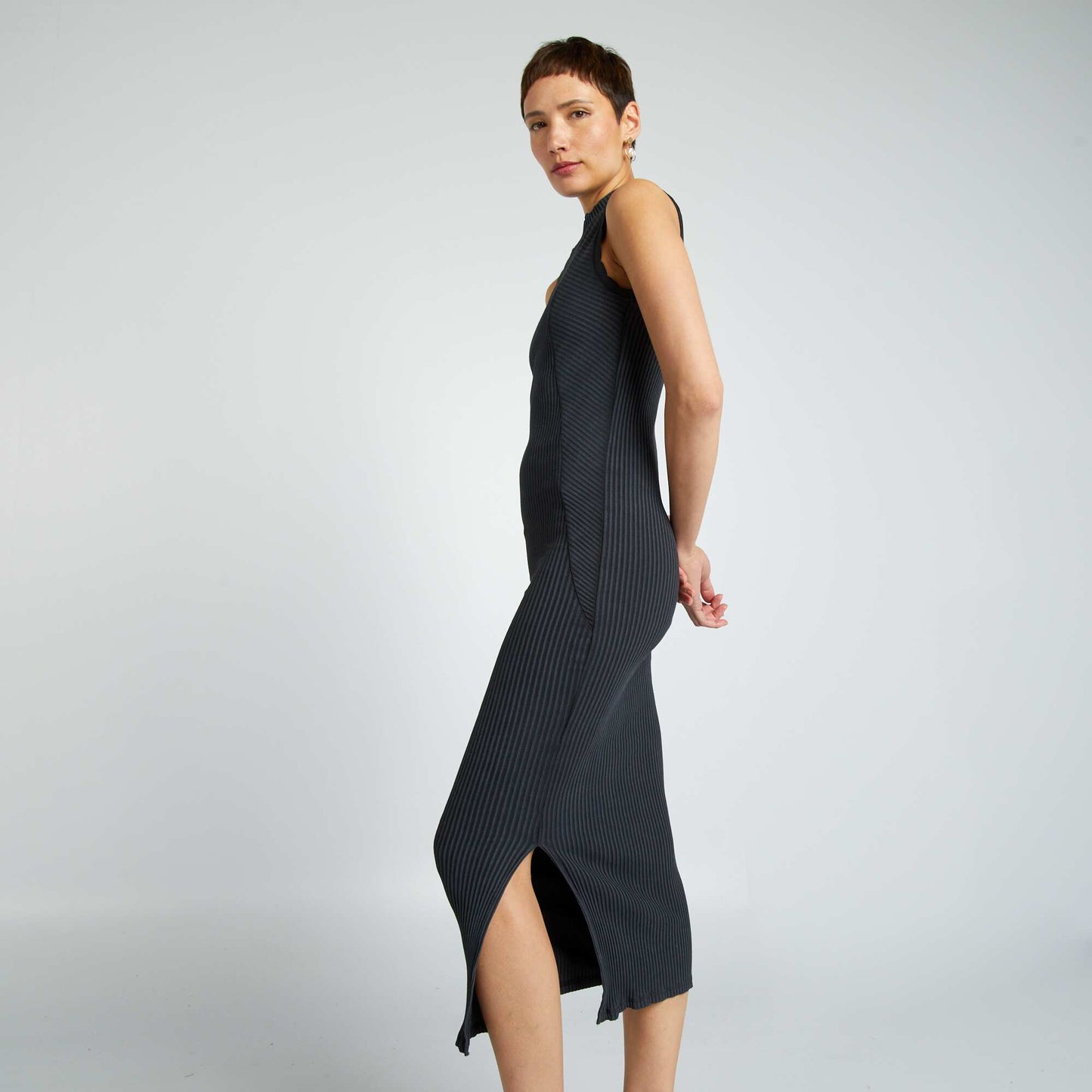 Robe longue côtelé en matière stretch Noir