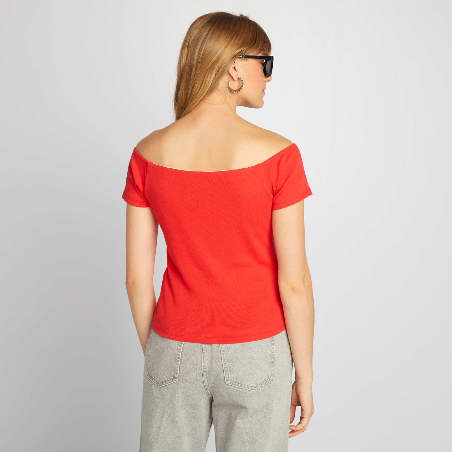 T-shirt bardot en maille cotelée rouge